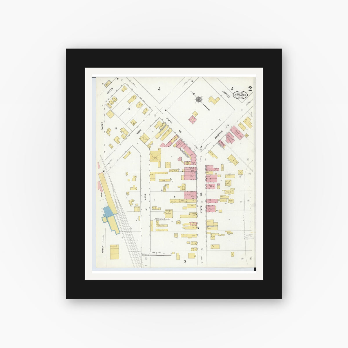 Old map wall art mockup — black gallery frame with white mat — Sanborn Fire Insurance Map from Newaygo, Newaygo County, Michigan (1911), Sheet #0002