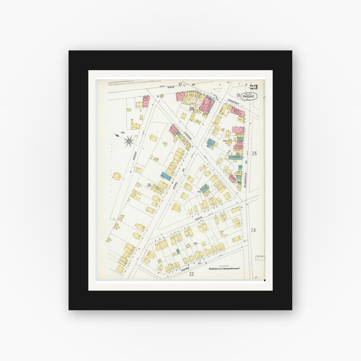 Old map wall art mockup — black gallery frame with white mat — Sanborn Fire Insurance Map from Passaic, Passaic County, New Jersey (1903), Sheet #0023