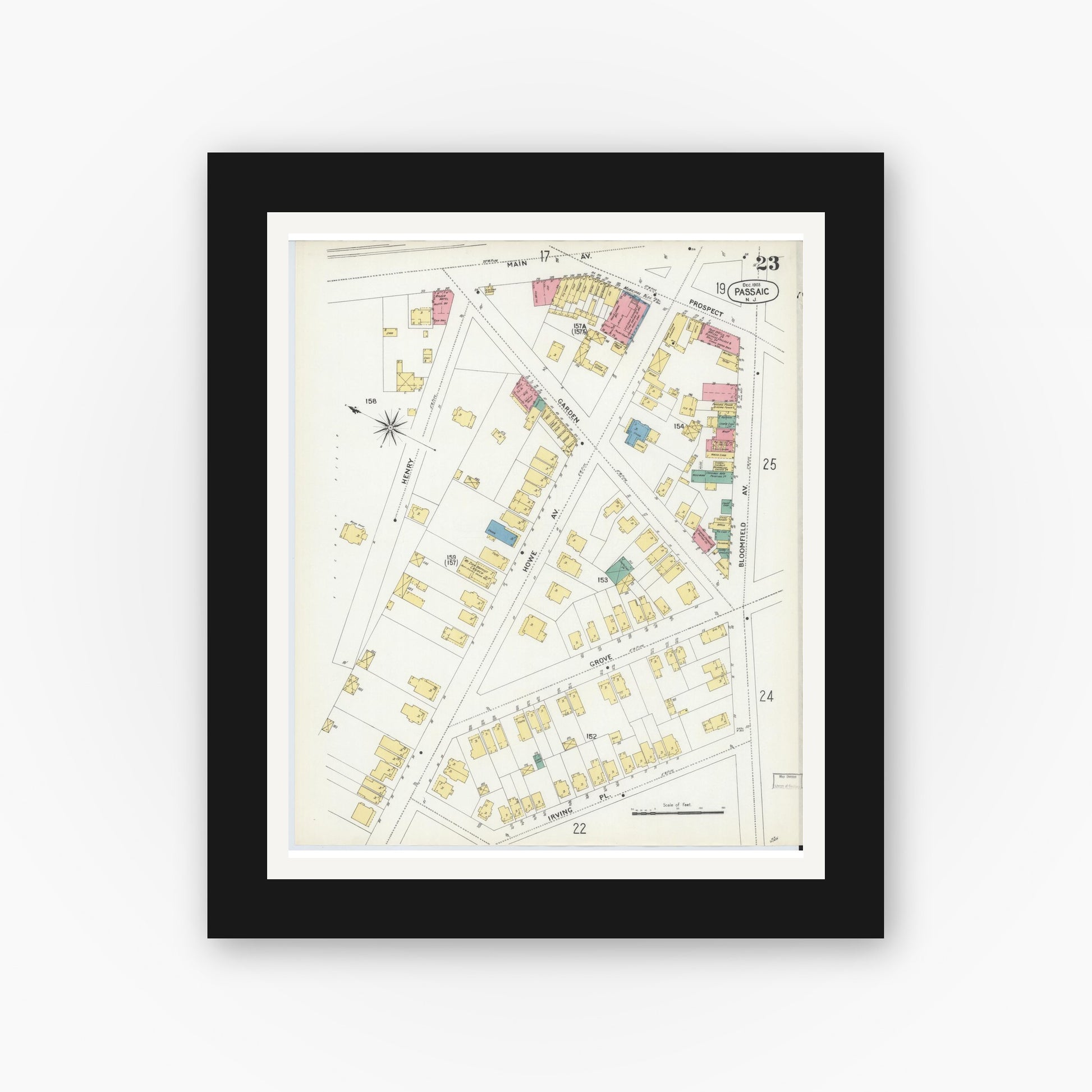 Old map wall art mockup — black gallery frame with white mat — Sanborn Fire Insurance Map from Passaic, Passaic County, New Jersey (1903), Sheet #0023
