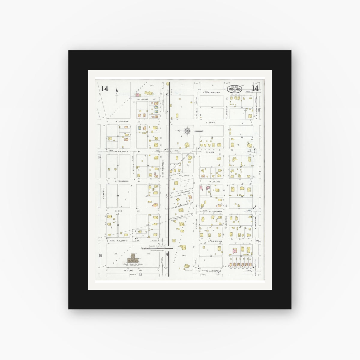 Old map wall art mockup — black gallery frame with white mat — Sanborn Fire Insurance Map from Midland, Midland County, Texas (1929), Sheet #0014