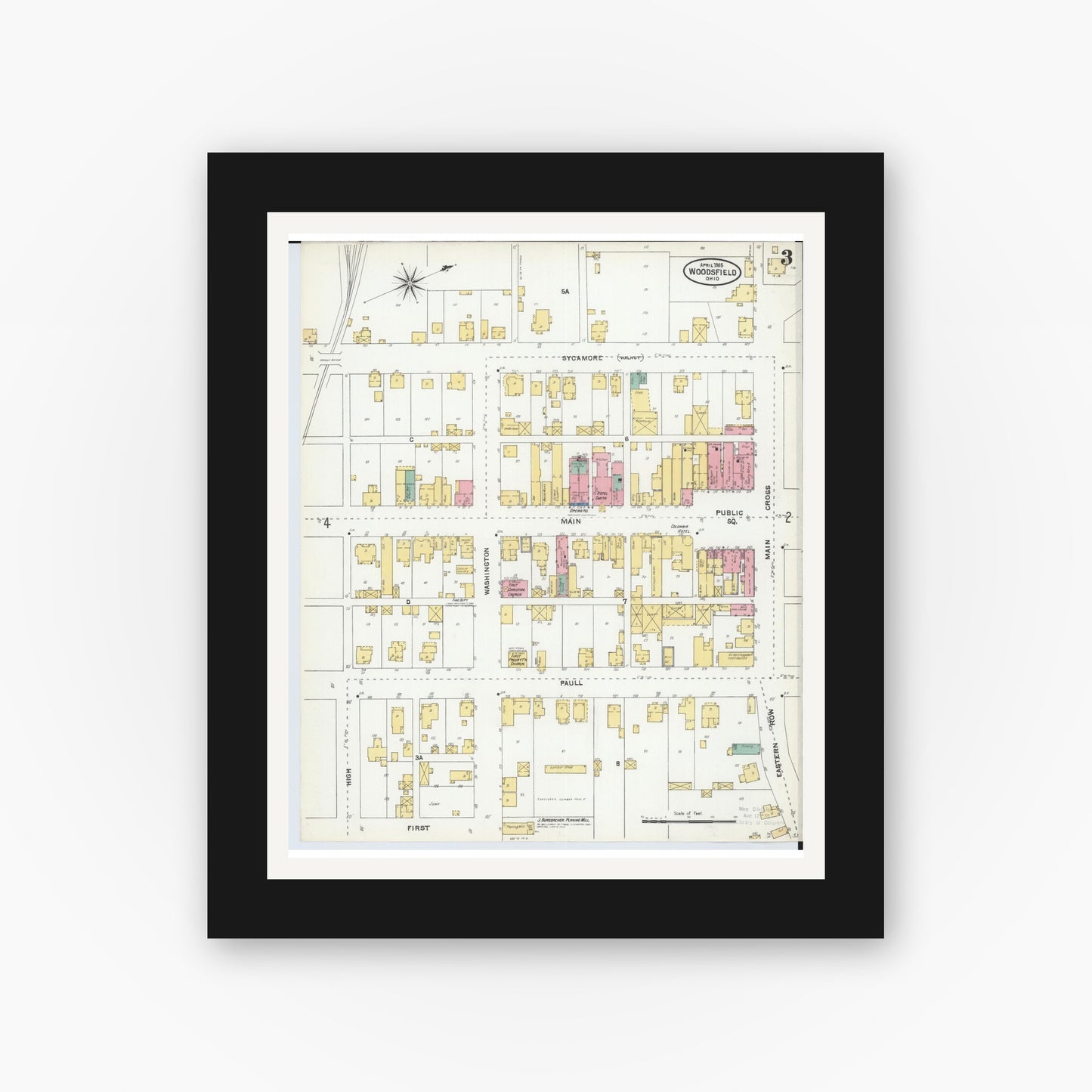 Old map wall art mockup — black gallery frame with white mat — Sanborn Fire Insurance Map from Woodsfield, Monroe County, Ohio (1905), Sheet #0003