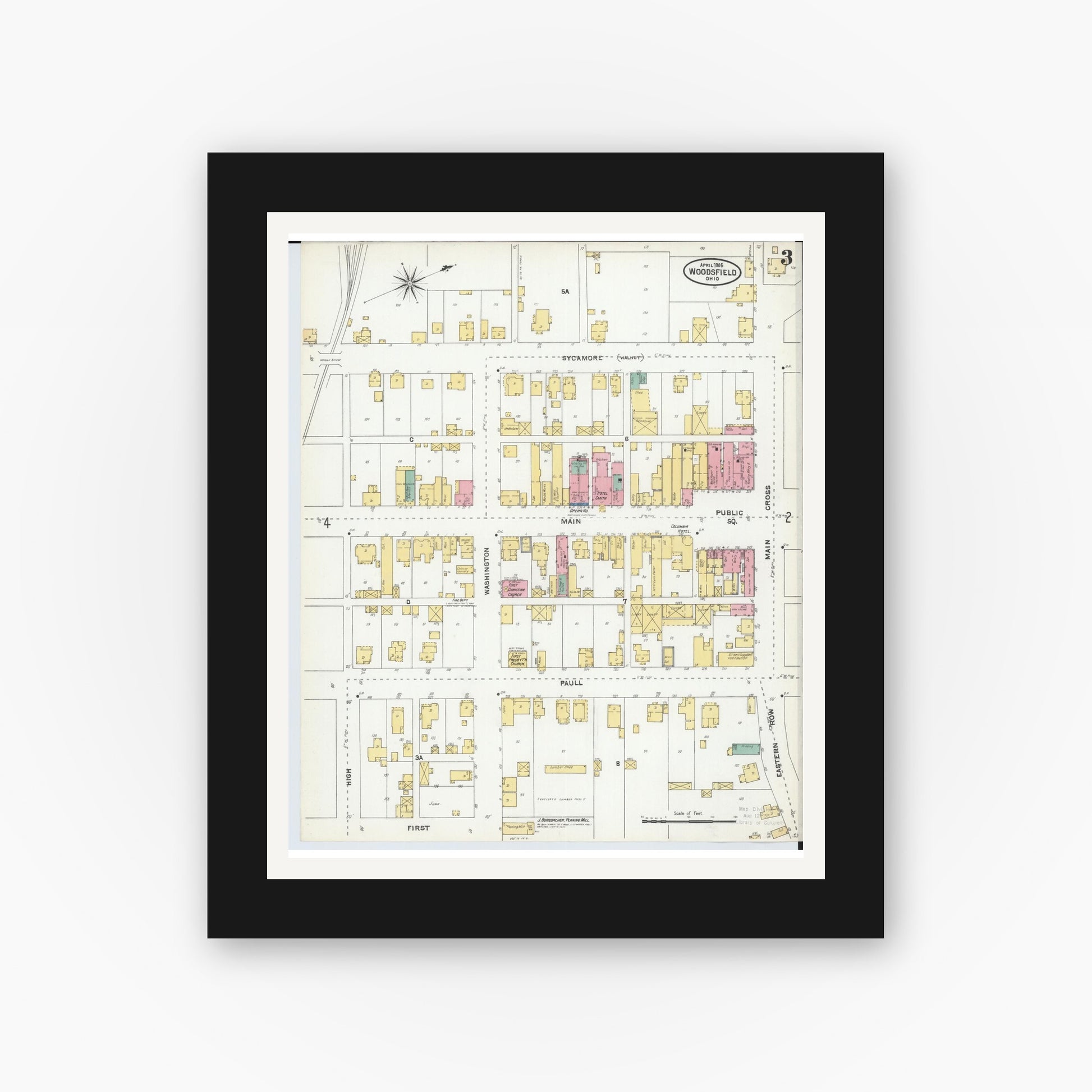 Old map wall art mockup — black gallery frame with white mat — Sanborn Fire Insurance Map from Woodsfield, Monroe County, Ohio (1905), Sheet #0003
