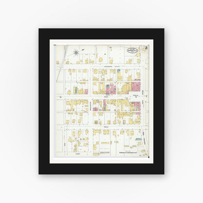 Old map wall art mockup — black gallery frame with white mat — Sanborn Fire Insurance Map from Woodsfield, Monroe County, Ohio (1905), Sheet #0003