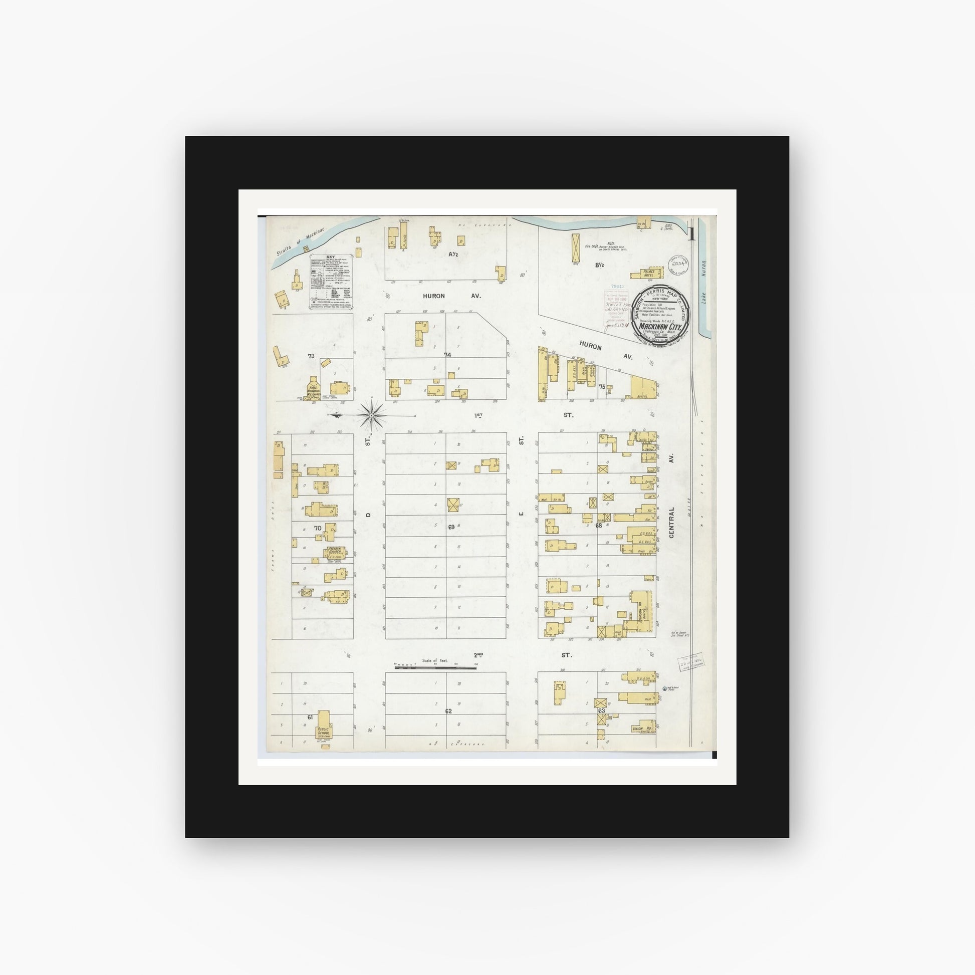 Old map wall art mockup — black gallery frame with white mat — Sanborn Fire Insurance Map from Mackinaw City, Cheboygan County, Michigan (1900) - Complete Map Set