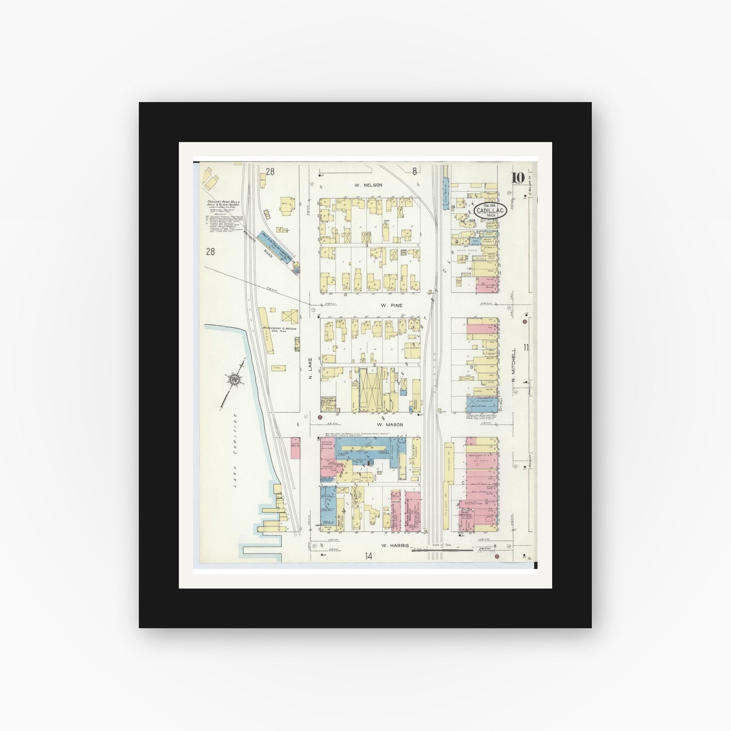 Old map wall art mockup — black gallery frame with white mat — Sanborn Fire Insurance Map from Cadillac, Wexford County, Michigan (1914), Sheet #0010