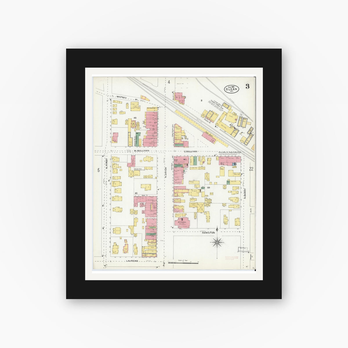 Old map wall art mockup — black gallery frame with white mat — Sanborn Fire Insurance Map from Olean, Cattaraugus County, New York (1904), Sheet #0003