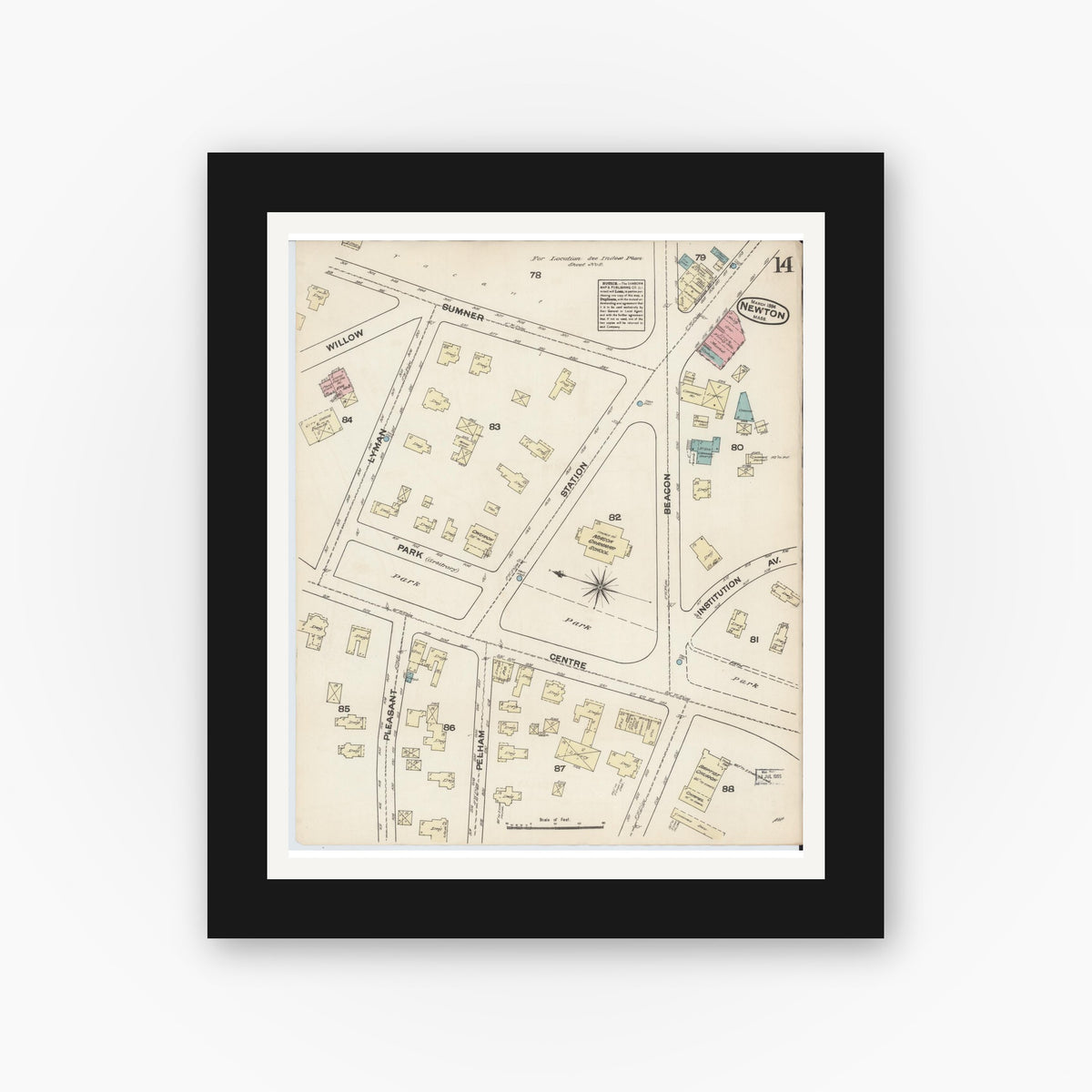 Old map wall art mockup — black gallery frame with white mat — Sanborn Fire Insurance Map from Newton, Middlesex County, Massachusetts (1884), Sheet #0014