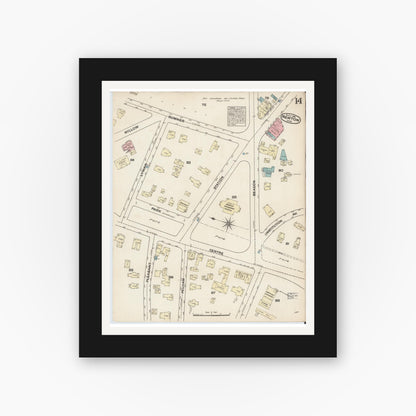Old map wall art mockup — black gallery frame with white mat — Sanborn Fire Insurance Map from Newton, Middlesex County, Massachusetts (1884), Sheet #0014