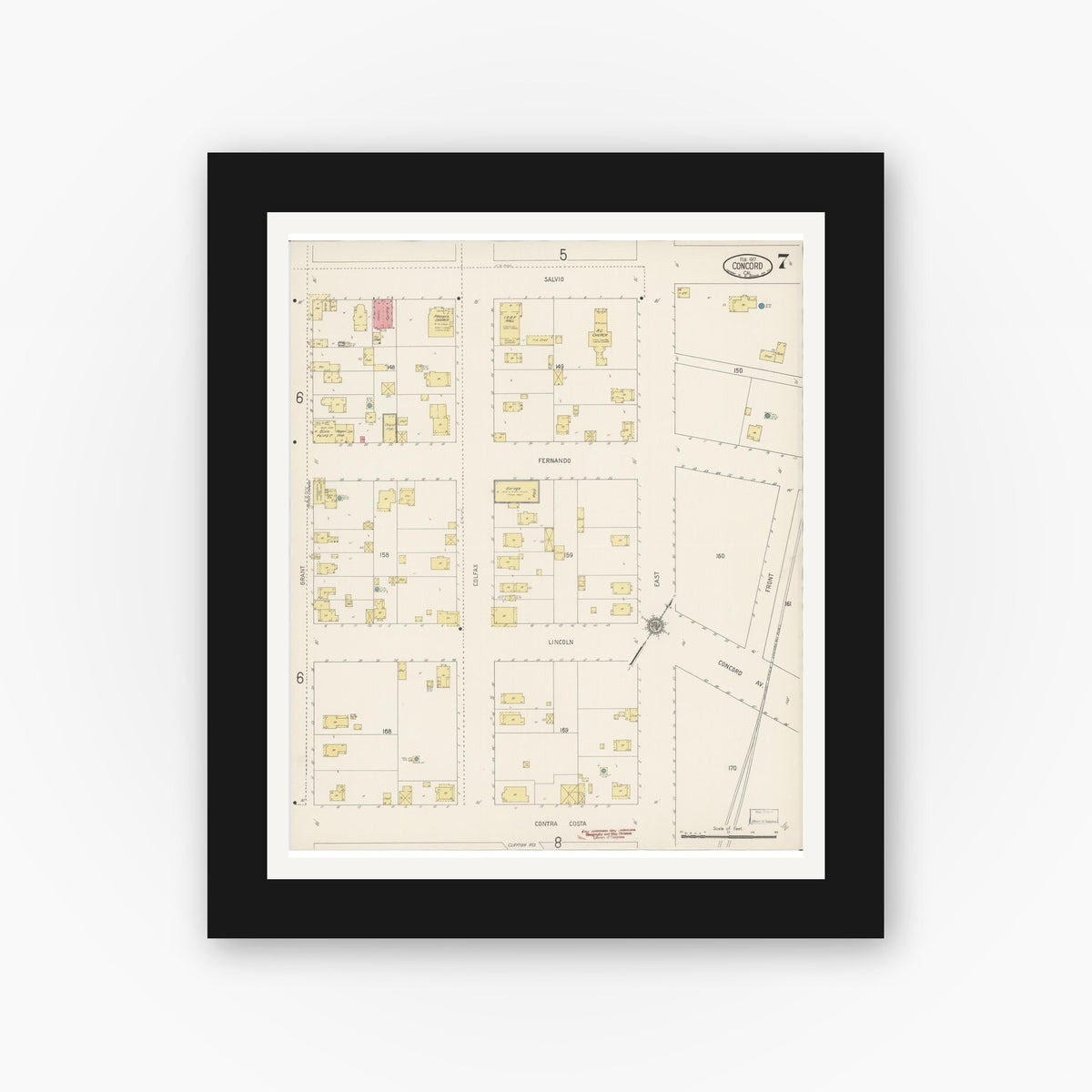 Old map wall art mockup — black gallery frame with white mat — Sanborn Fire Insurance Map from Concord, Contra Costa County, California (1917), Sheet #0007