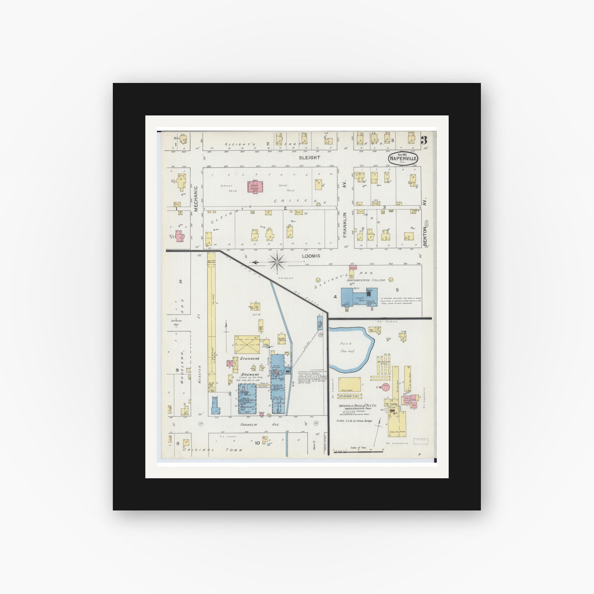 Old map wall art mockup — black gallery frame with white mat — Sanborn Fire Insurance Map from Naperville, Du Page County, Illinois (1892), Sheet #0003