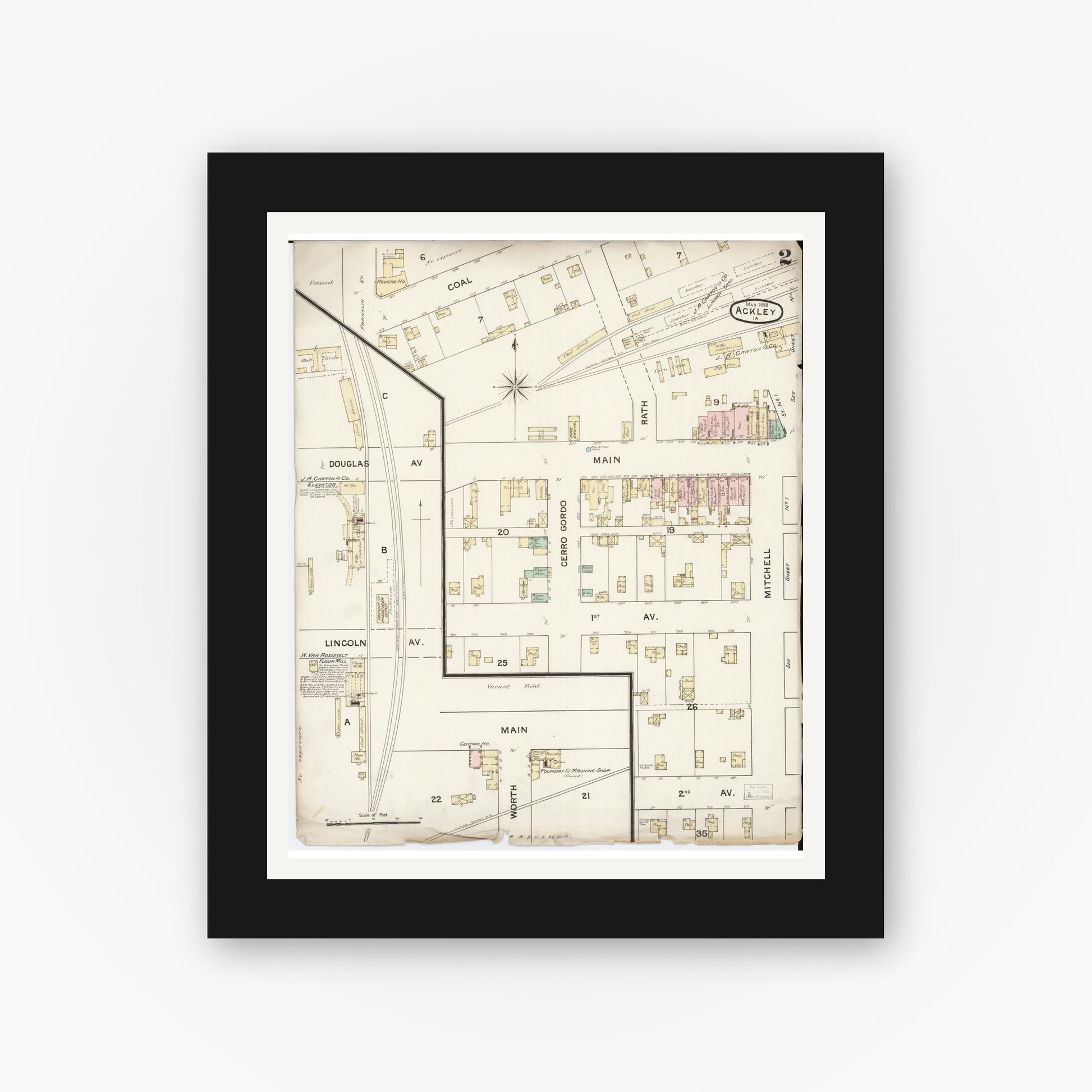 Old map wall art mockup — black gallery frame with white mat — Sanborn Fire Insurance Map from Ackley, Hardin and Franklin Counties, Iowa (1888), Sheet #0002