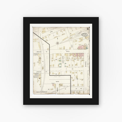 Old map wall art mockup — black gallery frame with white mat — Sanborn Fire Insurance Map from Ackley, Hardin and Franklin Counties, Iowa (1888), Sheet #0002