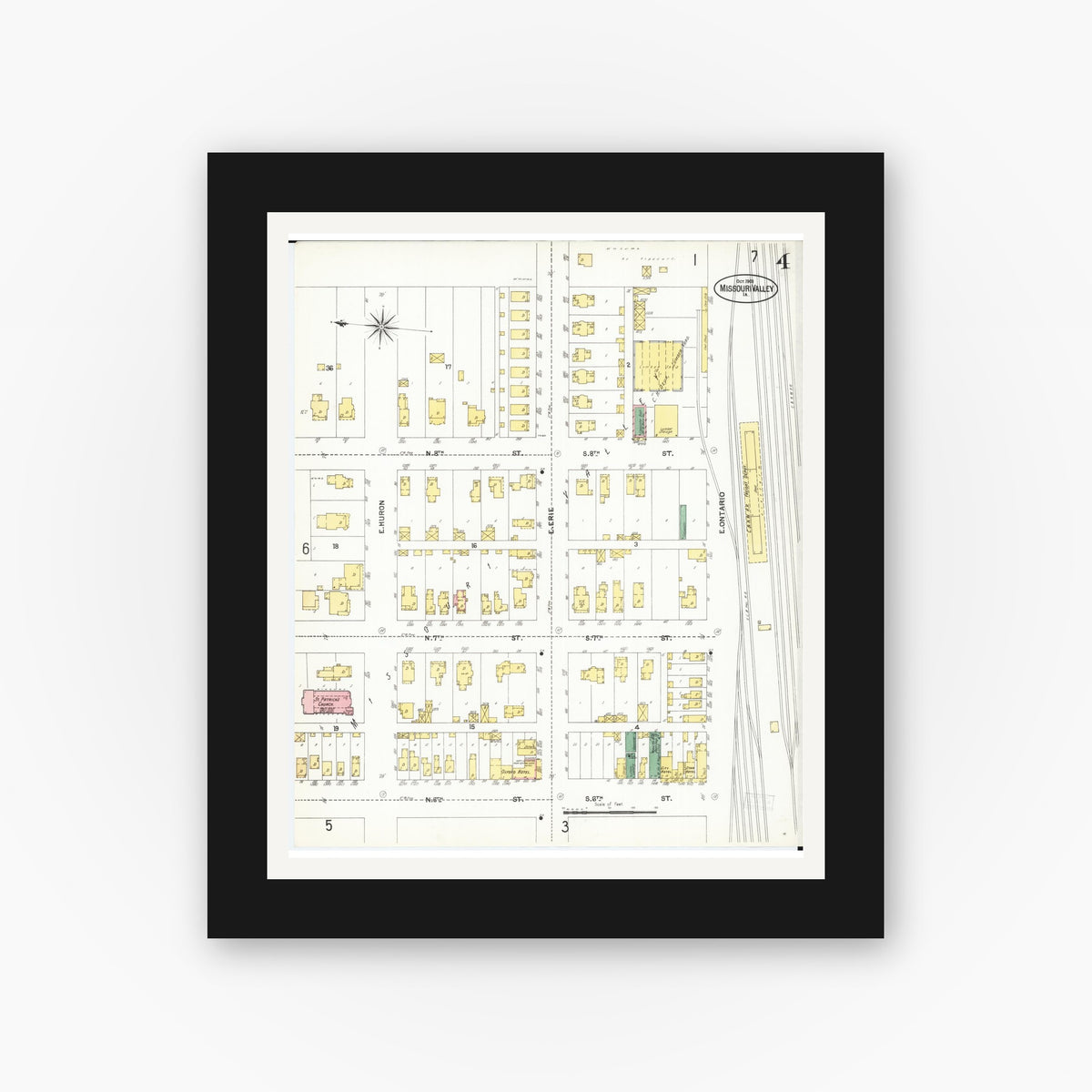 Old map wall art mockup — black gallery frame with white mat — Sanborn Fire Insurance Map from Missouri Valley, Harrison County, Iowa (1901), Sheet #0004