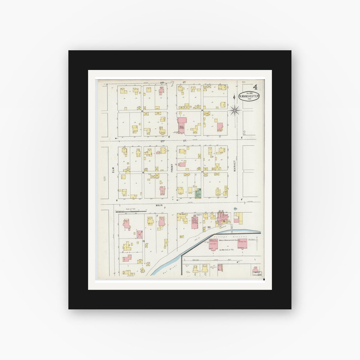 Old map wall art mockup — black gallery frame with white mat — Sanborn Fire Insurance Map from North Manchester, Wabash County, Indiana (1895), Sheet #0004