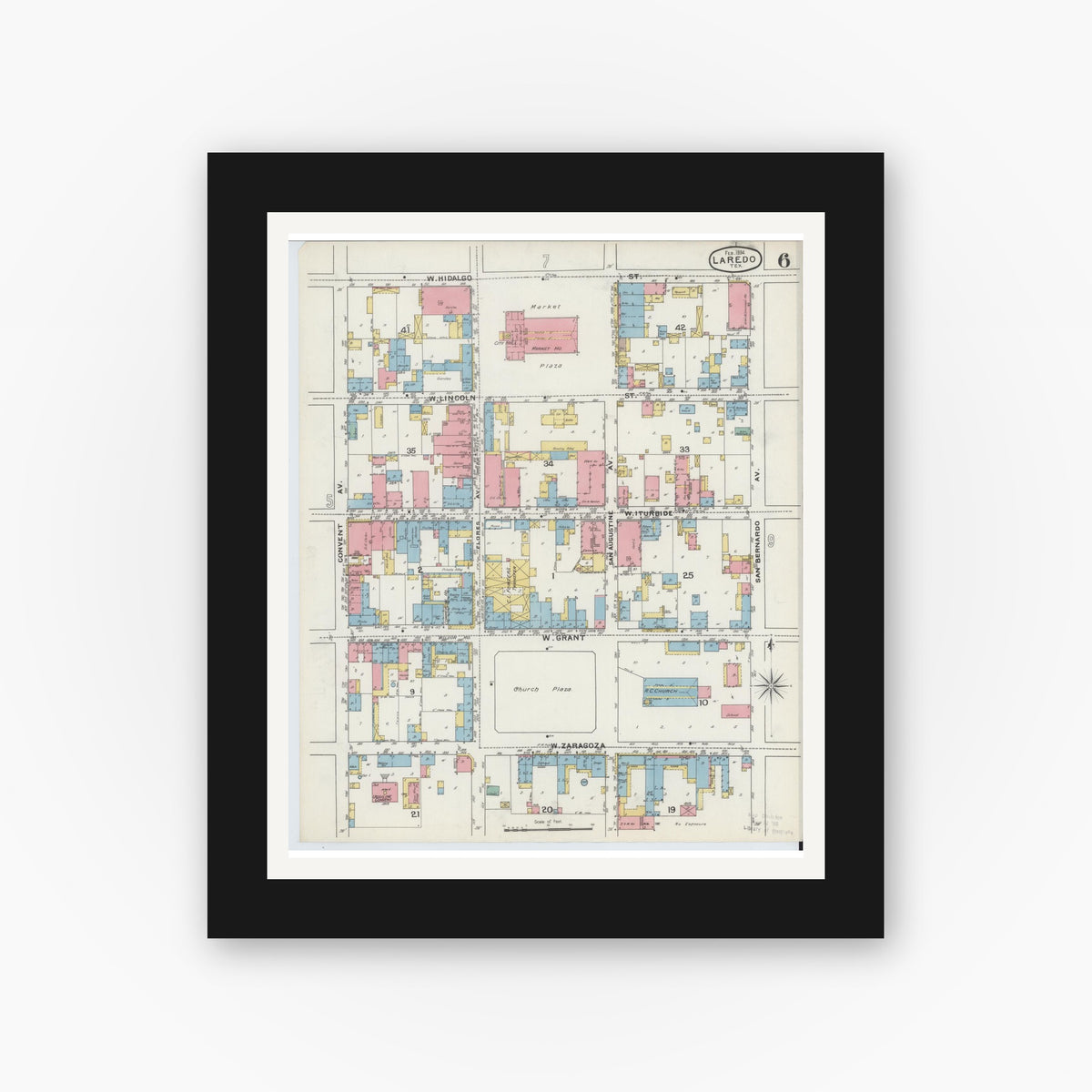 Old map wall art mockup — black gallery frame with white mat — Sanborn Fire Insurance Map from Laredo, Webb County, Texas (1894), Sheet #0006