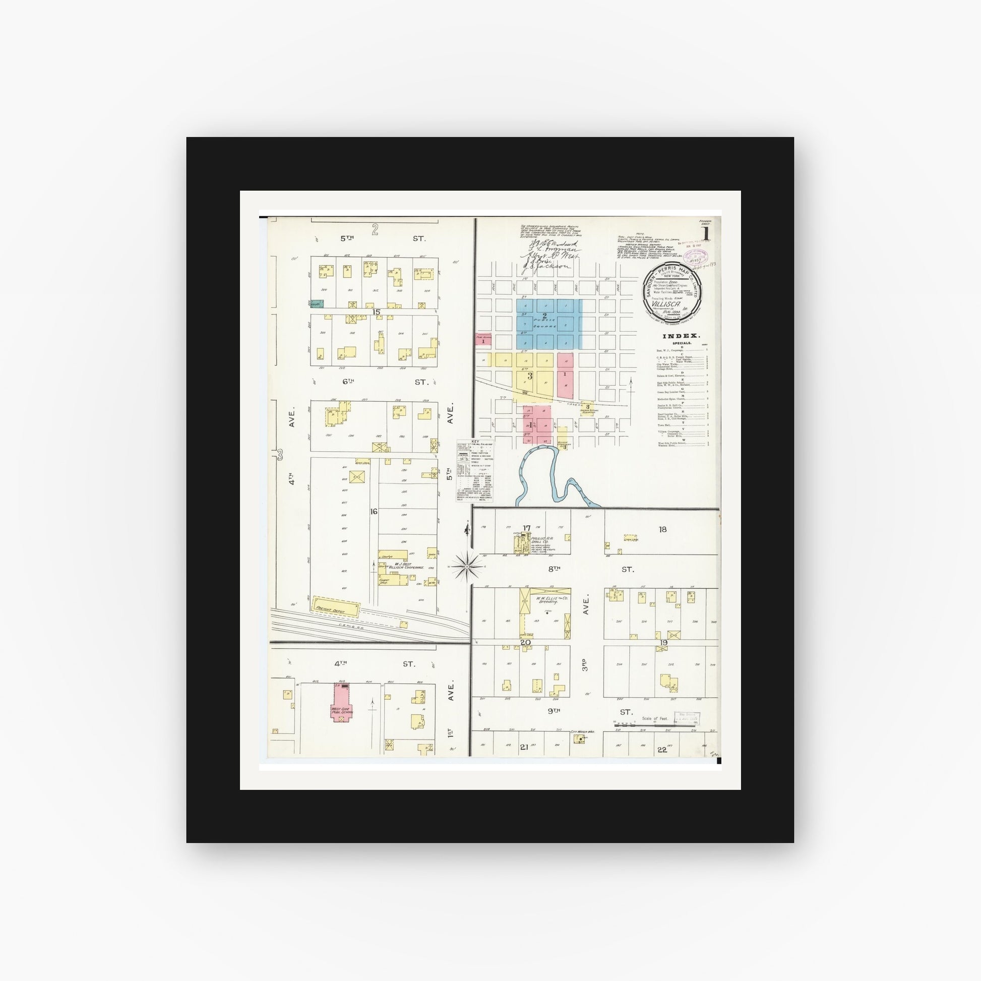 Old map wall art mockup — black gallery frame with white mat — Sanborn Fire Insurance Map from Villisca, Montgomery County, Iowa (1893) â€” Complete Set