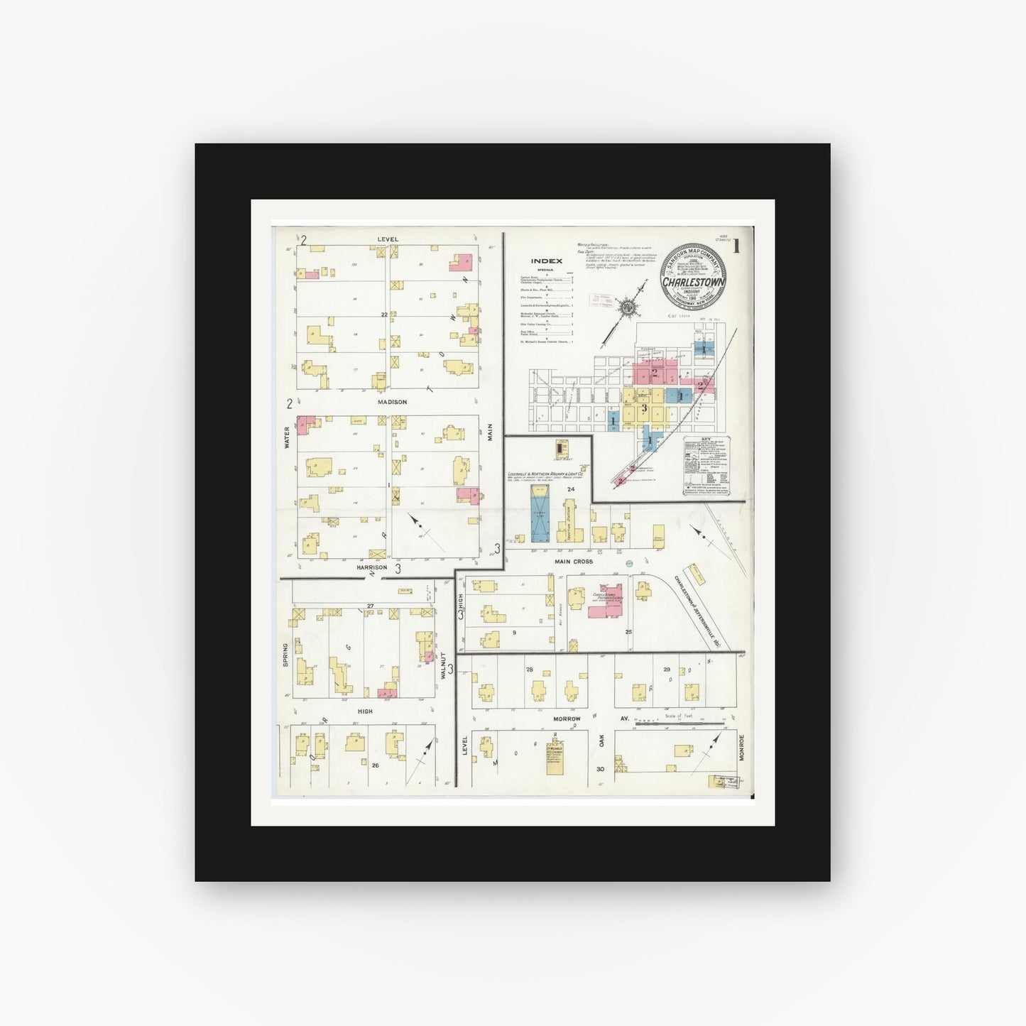 Old map wall art mockup — black gallery frame with white mat — Sanborn Fire Insurance Map from Charlestown, Clark County, Indiana (1911) - Complete Map Set
