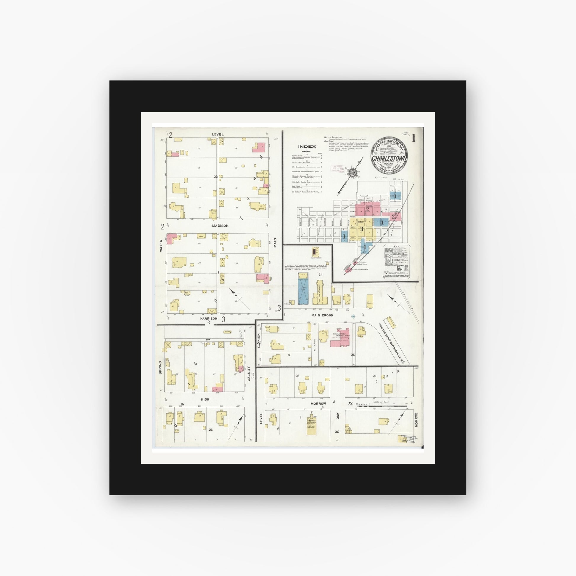 Old map wall art mockup — black gallery frame with white mat — Sanborn Fire Insurance Map from Charlestown, Clark County, Indiana (1911) - Complete Map Set