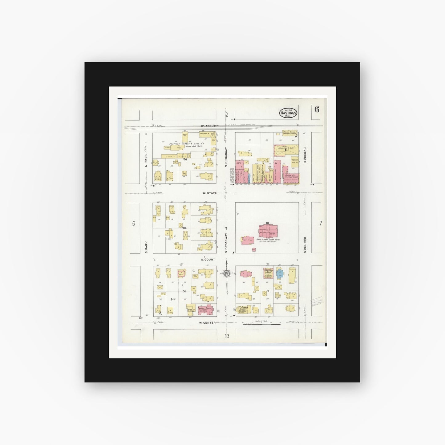 Old map wall art mockup — black gallery frame with white mat — Sanborn Fire Insurance Map from Hastings, Barry County, Michigan (1916), Sheet #0006