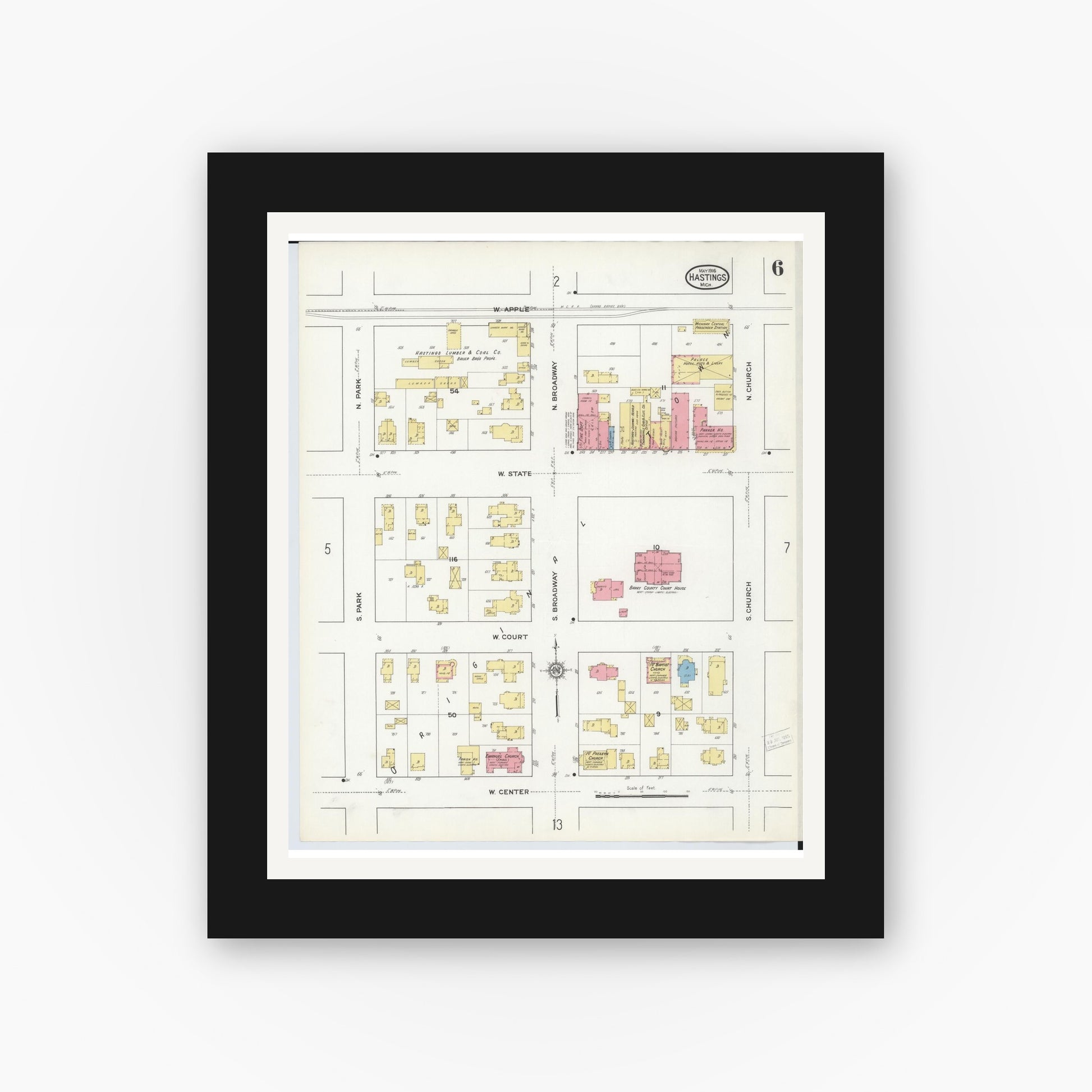Old map wall art mockup — black gallery frame with white mat — Sanborn Fire Insurance Map from Hastings, Barry County, Michigan (1916), Sheet #0006