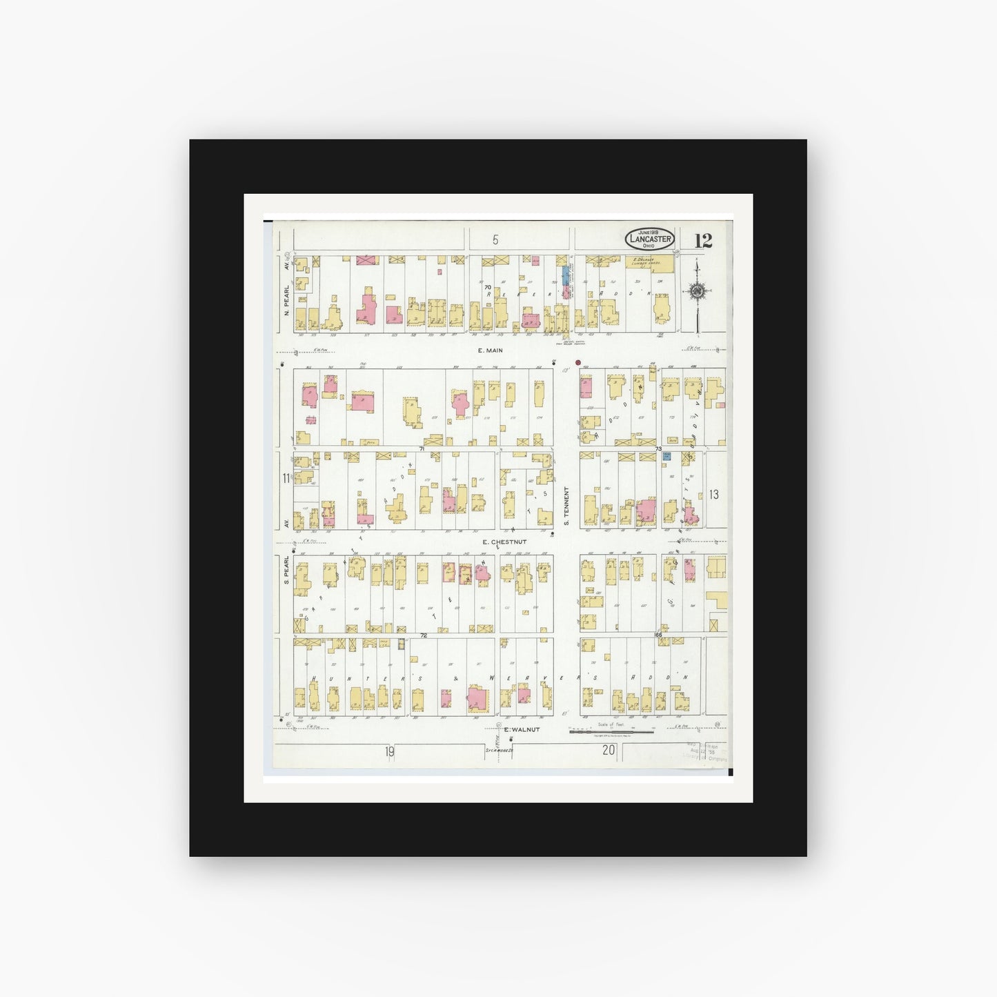Old map wall art mockup — black gallery frame with white mat — Sanborn Fire Insurance Map from Lancaster, Fairfield County, Ohio (1919), Sheet #0012