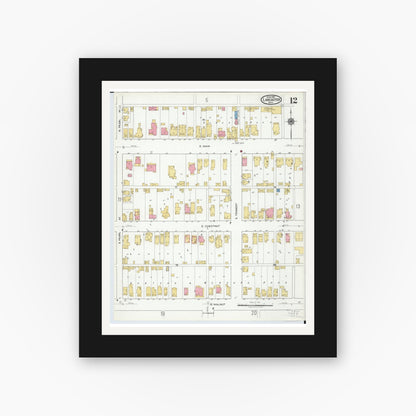 Old map wall art mockup — black gallery frame with white mat — Sanborn Fire Insurance Map from Lancaster, Fairfield County, Ohio (1919), Sheet #0012