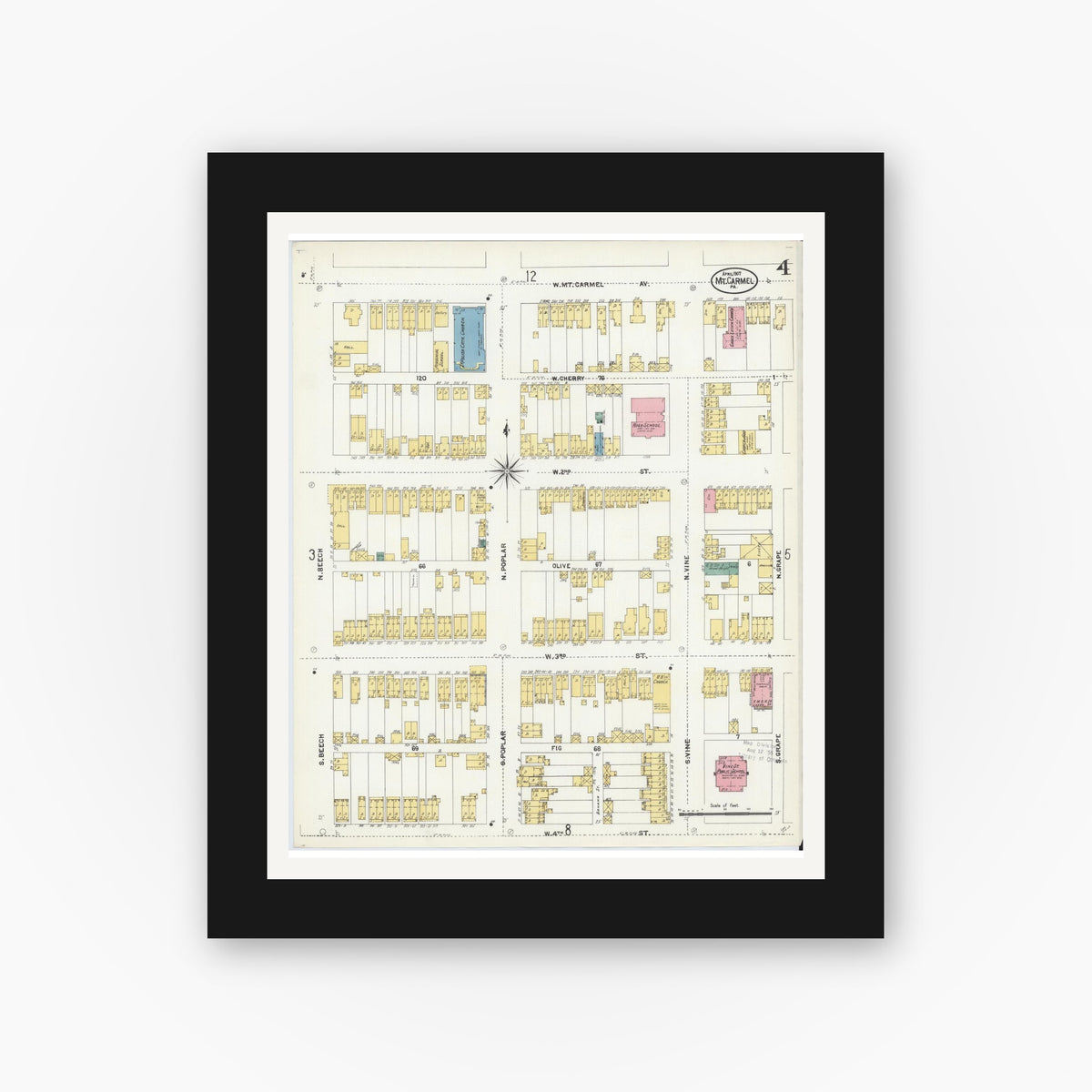 Old map wall art mockup — black gallery frame with white mat — Sanborn Fire Insurance Map from Mount Carmel, Northumberland County, Pennsylvania (1907), Sheet #0004
