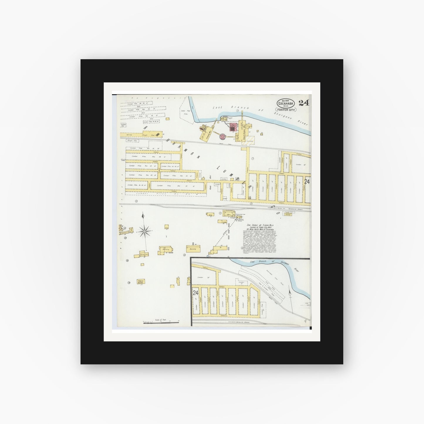 Old map wall art mockup — black gallery frame with white mat — Sanborn Fire Insurance Map from Escanaba, Delta County, Michigan (1899), Sheet #0024
