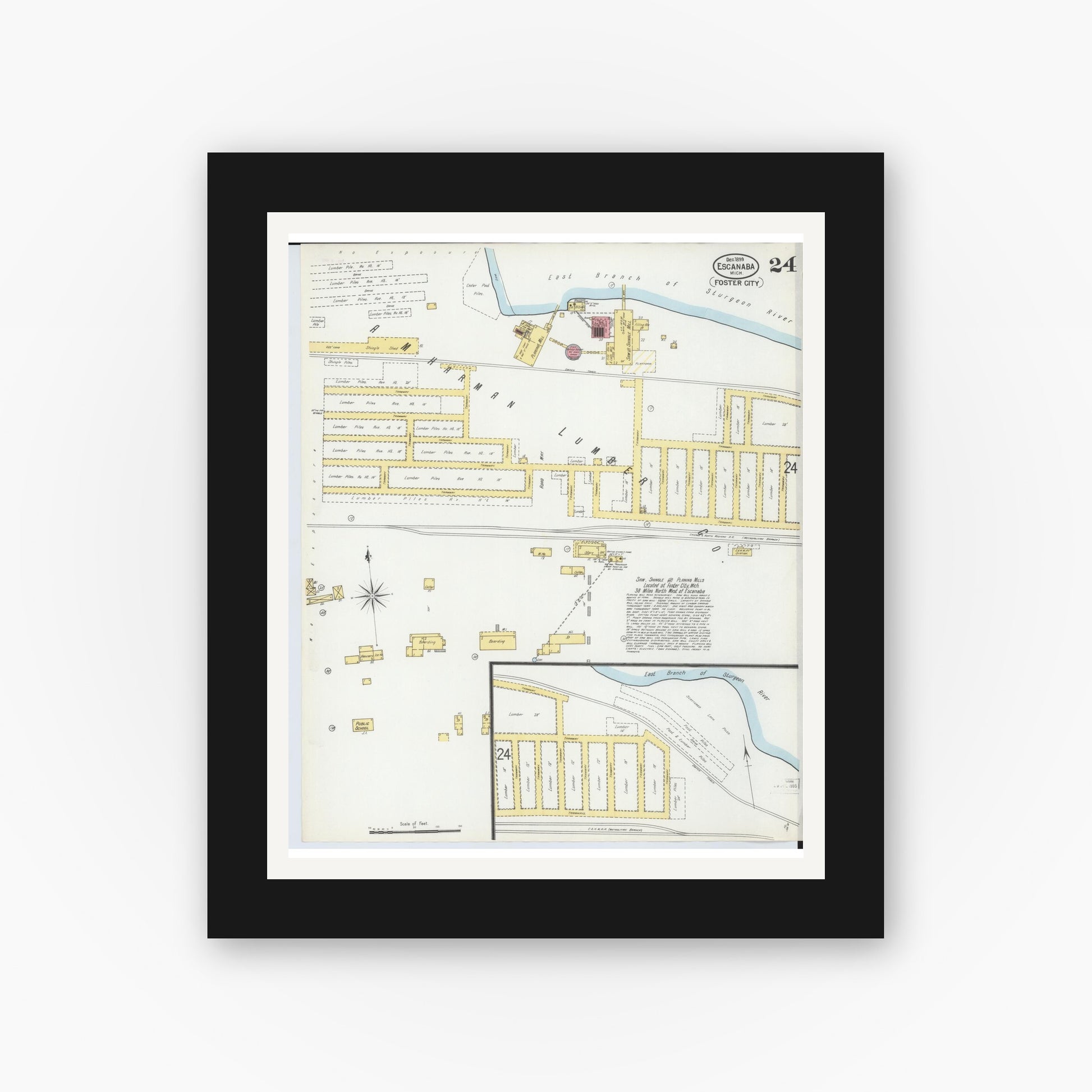 Old map wall art mockup — black gallery frame with white mat — Sanborn Fire Insurance Map from Escanaba, Delta County, Michigan (1899), Sheet #0024