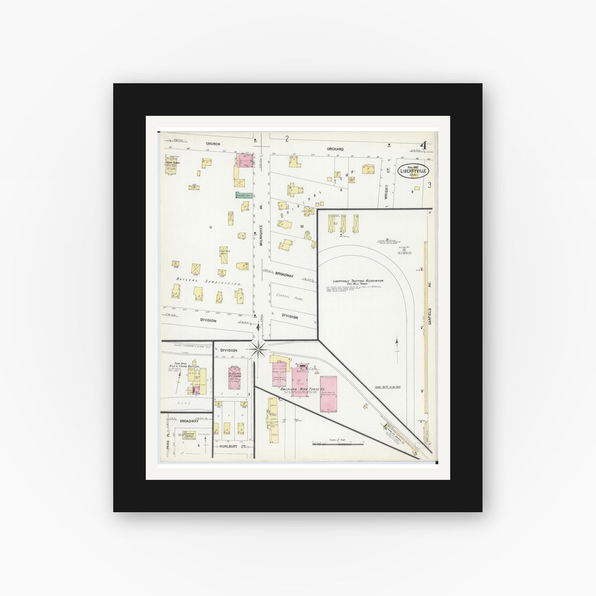 Old map wall art mockup — black gallery frame with white mat — Sanborn Fire Insurance Map from Libertyville, Lake County, Illinois (1907), Sheet #0004
