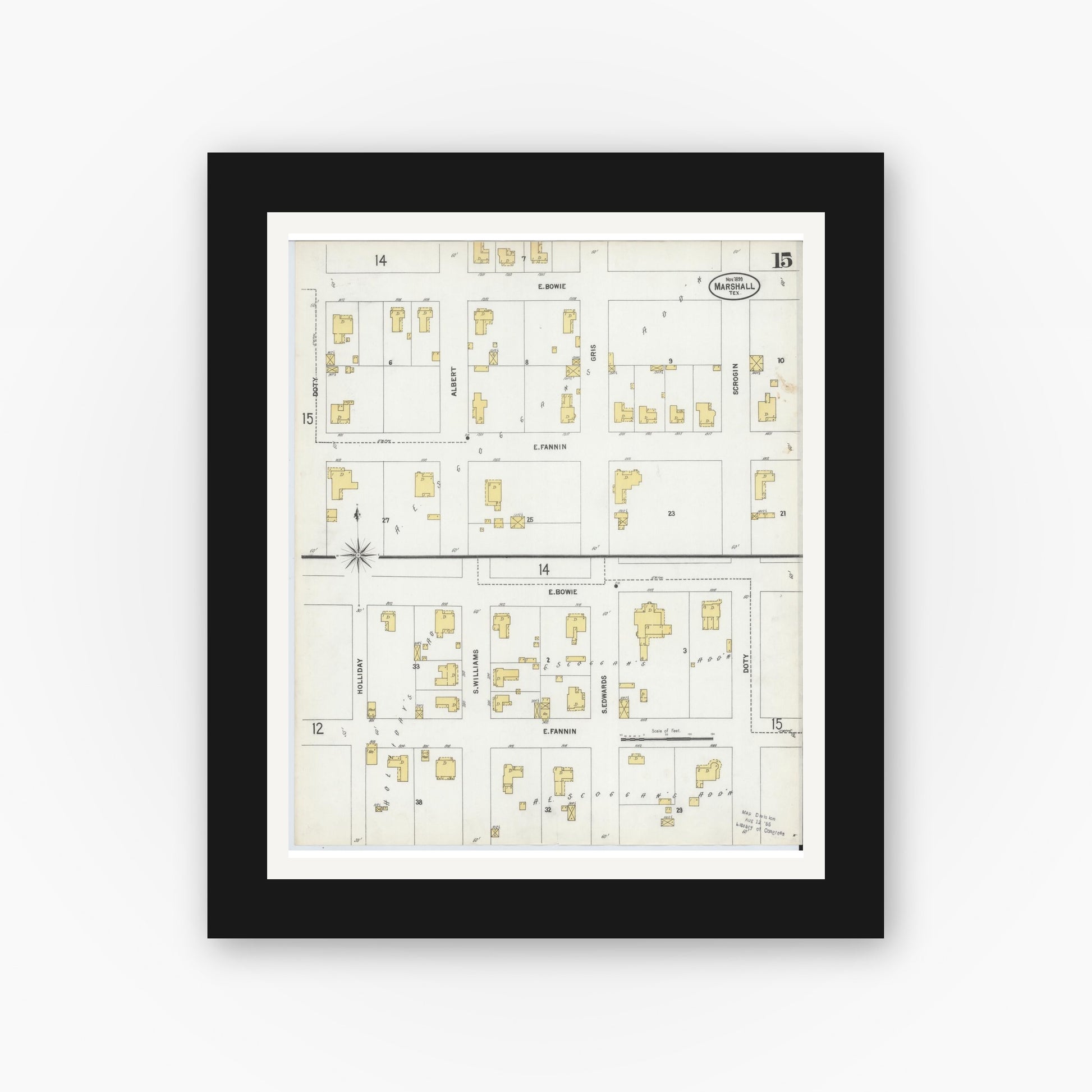 Old map wall art mockup — black gallery frame with white mat — Sanborn Fire Insurance Map from Marshall, Harrison County, Texas (1899), Sheet #0015