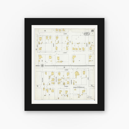 Old map wall art mockup — black gallery frame with white mat — Sanborn Fire Insurance Map from Marshall, Harrison County, Texas (1899), Sheet #0015