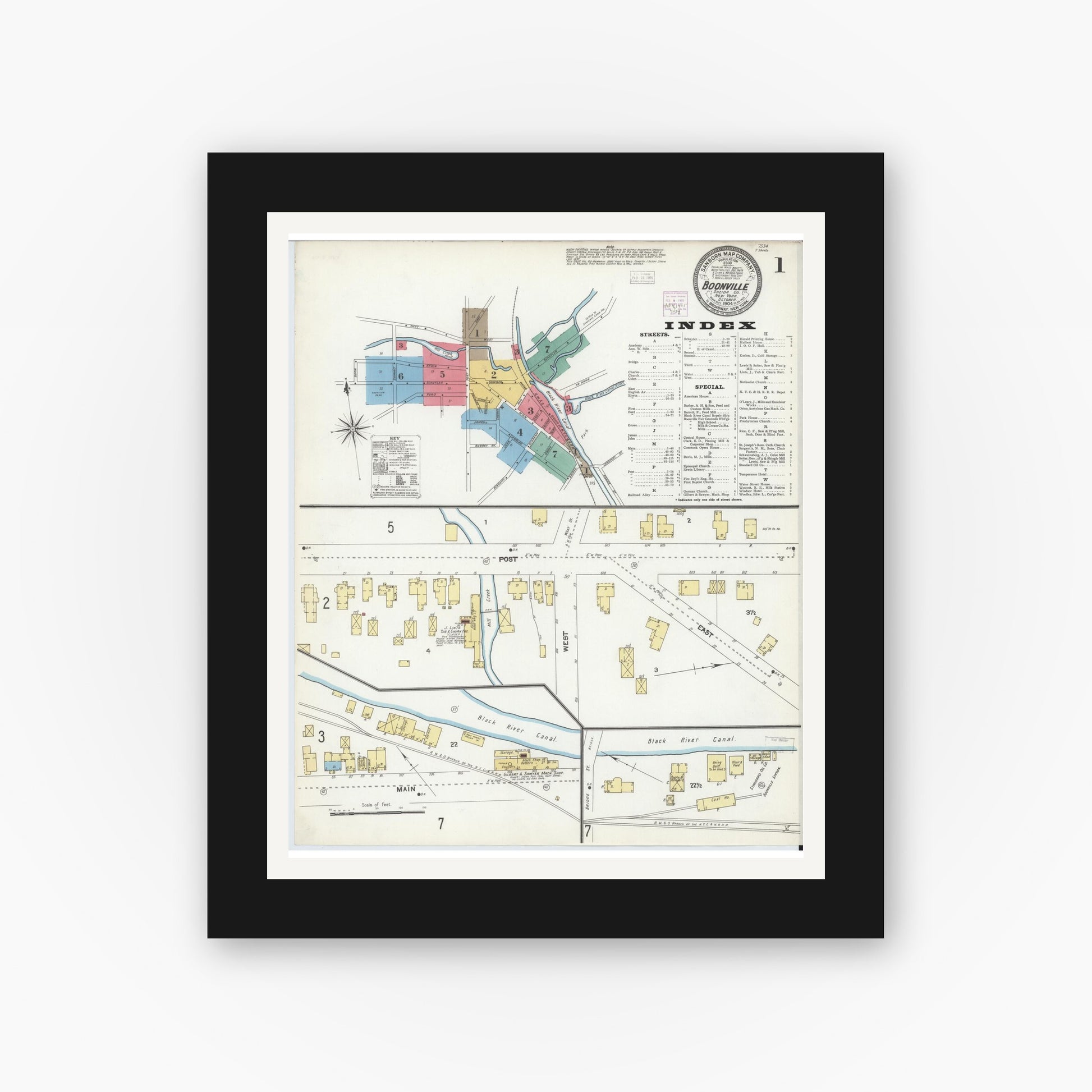 Old map wall art mockup — black gallery frame with white mat — Sanborn Fire Insurance Map from Boonville, Oneida County, New York (1904) - Complete Map Set