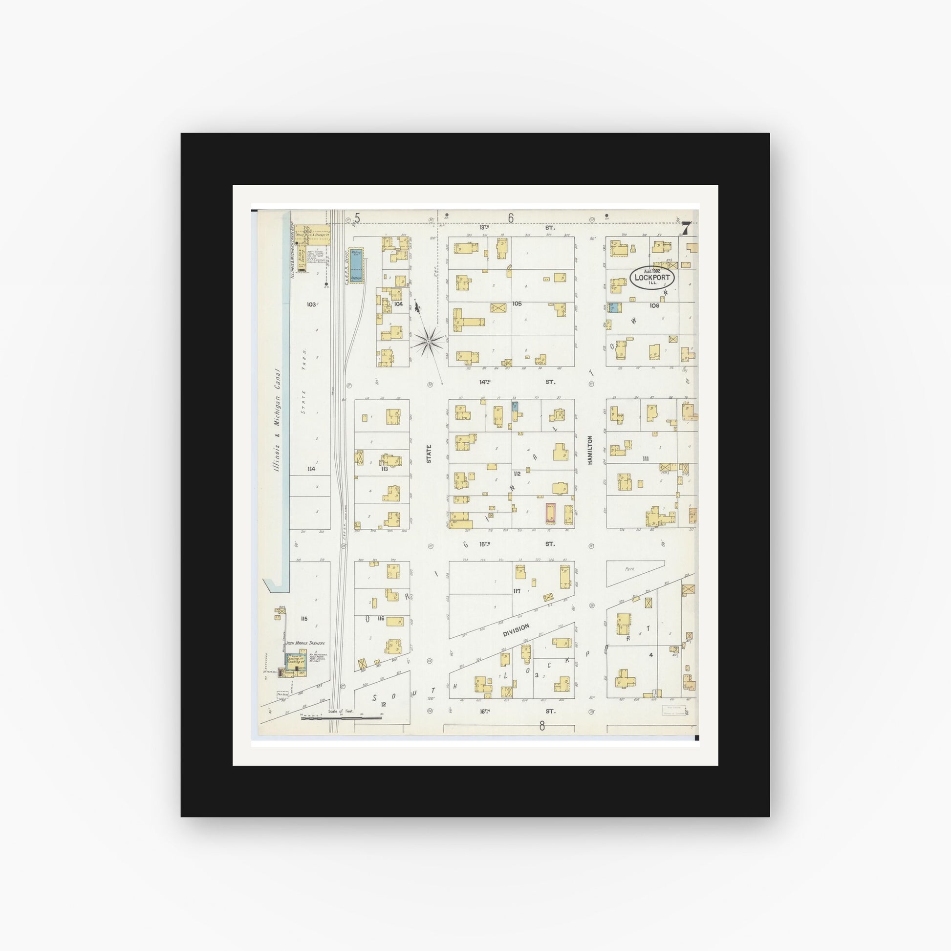 Old map wall art mockup — black gallery frame with white mat — Sanborn Fire Insurance Map from Lockport, Will County, Illinois (1902), Sheet #0007