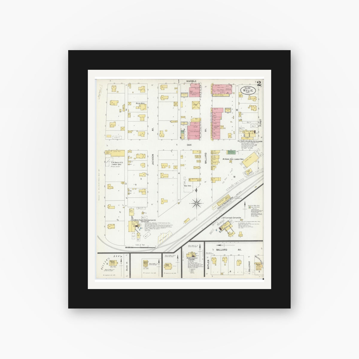 Old map wall art mockup — black gallery frame with white mat — Sanborn Fire Insurance Map from Wolfe City, Hunt County, Texas (1901), Sheet #0002