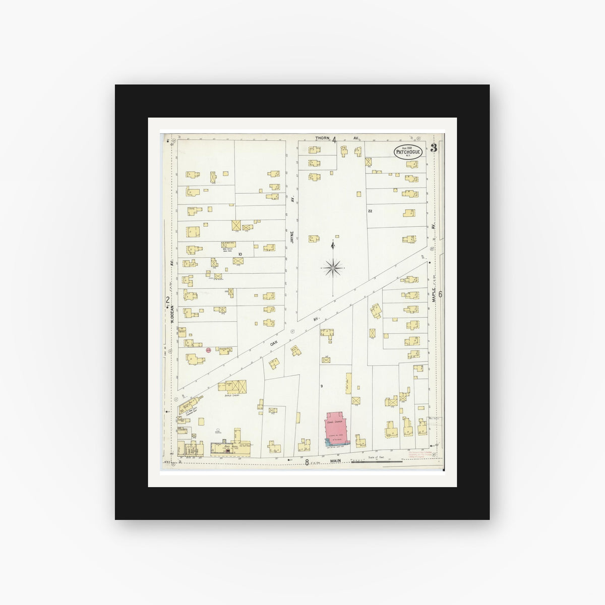 Old map wall art mockup — black gallery frame with white mat — Sanborn Fire Insurance Map from Patchogue, Suffolk County, New York (1902), Sheet #0003