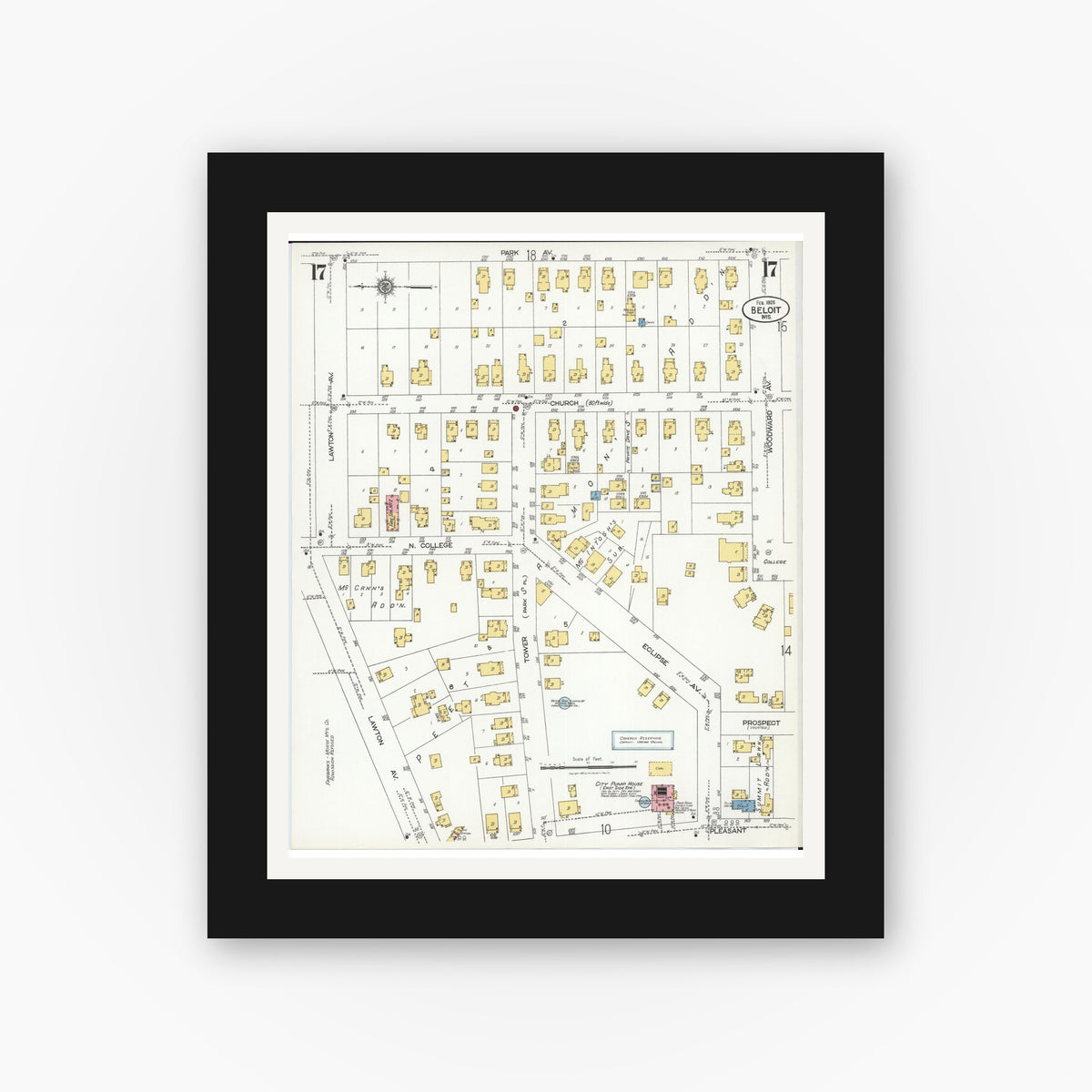 Old map wall art mockup — black gallery frame with white mat — Sanborn Fire Insurance Map from Beloit, Rock County, Wisconsin (1926), Sheet #0017