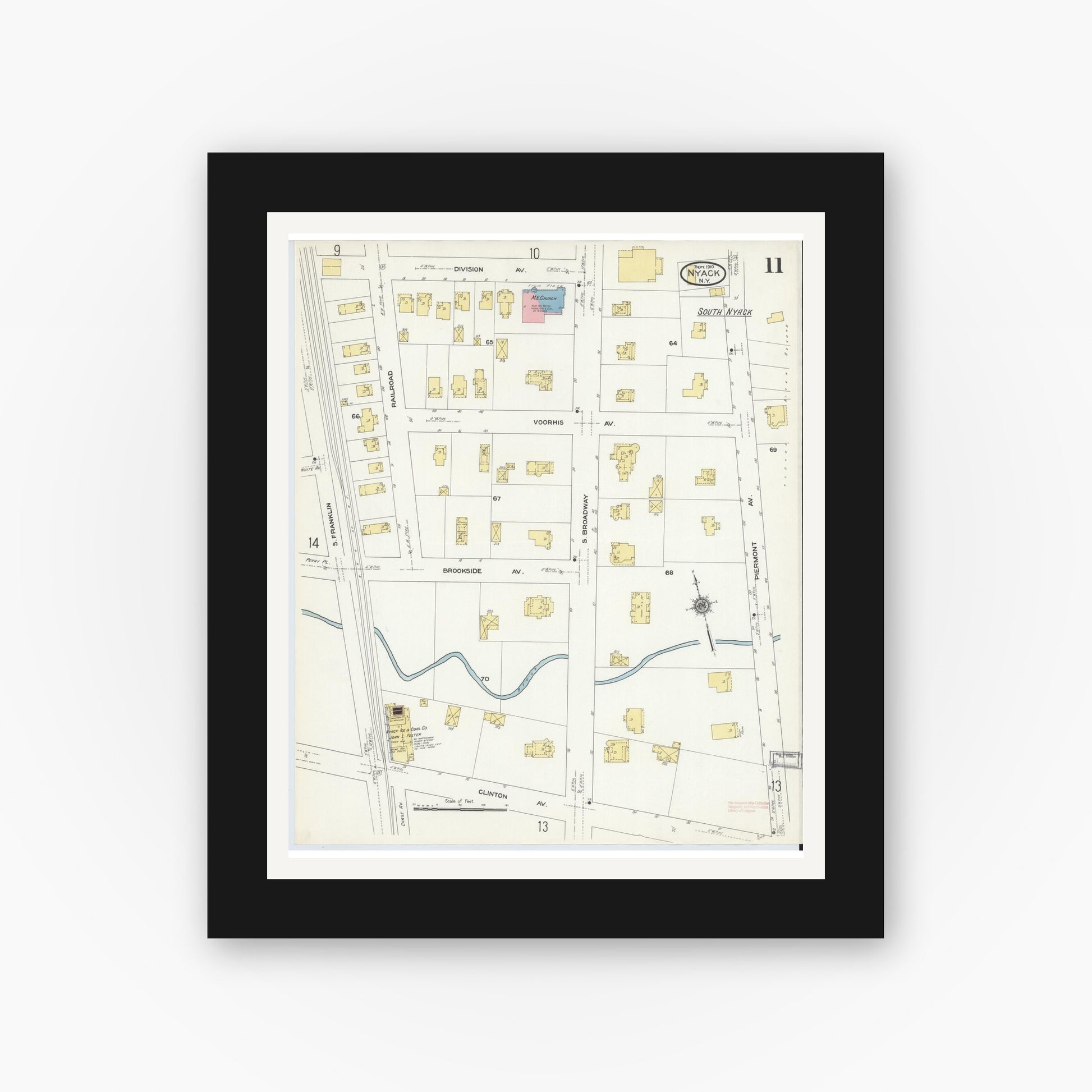 Old map wall art mockup — black gallery frame with white mat — Sanborn Fire Insurance Map from Nyack, Rockland County, New York. (1910), Sheet #0011