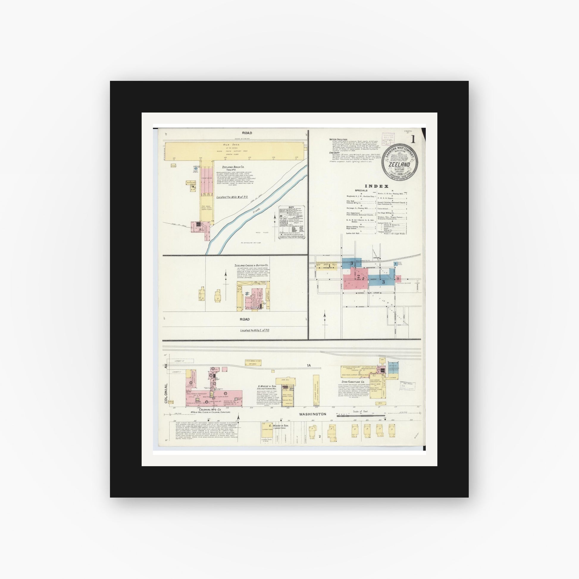 Old map wall art mockup — black gallery frame with white mat — Sanborn Fire Insurance Map from Zeeland, Ottawa County, Michigan (1908) - Complete Map Set