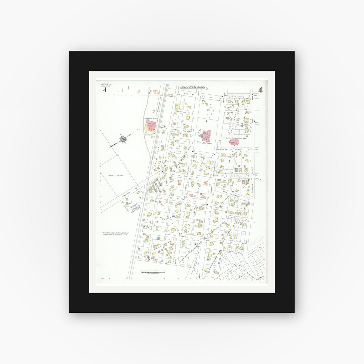Old map wall art mockup — black gallery frame with white mat — Sanborn Fire Insurance Map from Morton, Tazewell County, Illinois (1940), Sheet #0004