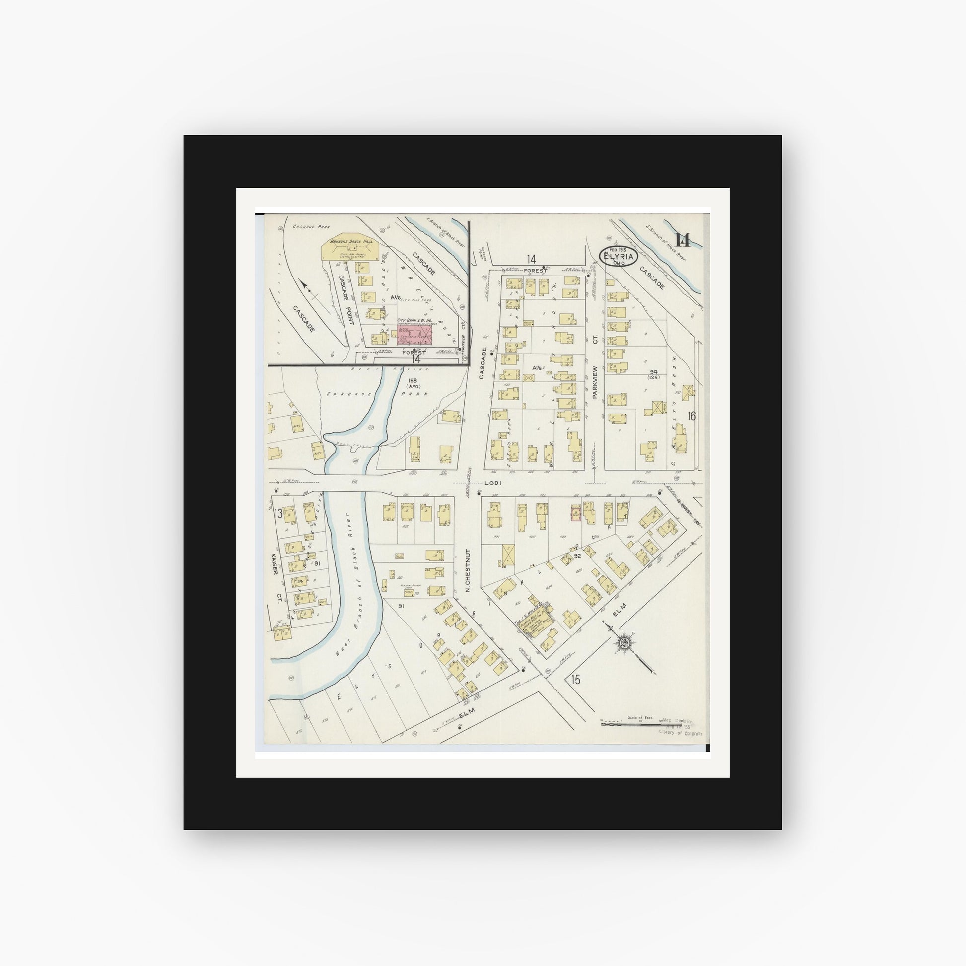 Old map wall art mockup — black gallery frame with white mat — Sanborn Fire Insurance Map from Elyria, Lorain County, Ohio (1915), Sheet #0014