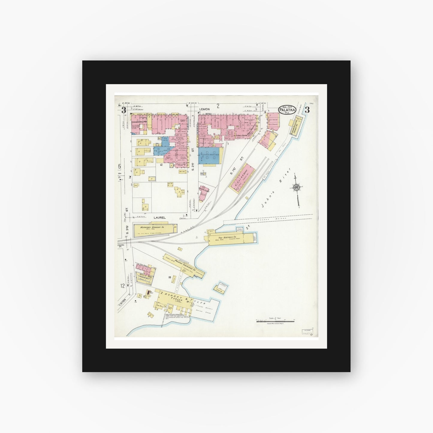 Old map wall art mockup — black gallery frame with white mat — Sanborn Fire Insurance Map from Palatka, Putnam County, Florida (1924), Sheet #0003