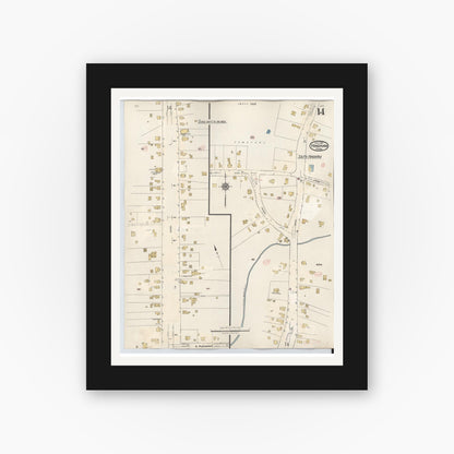 Old map wall art mockup — black gallery frame with white mat — Sanborn Fire Insurance Map from Hingham, Plymouth County, Massachusetts (1948), Sheet #0014