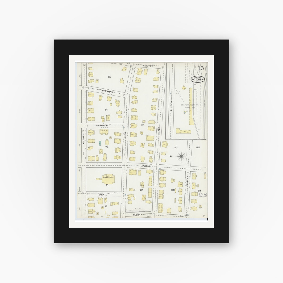 Old map wall art mockup — black gallery frame with white mat — Sanborn Fire Insurance Map from Waltham, Middlesex County, Massachusetts (1892), Sheet #0015