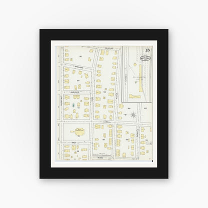 Old map wall art mockup — black gallery frame with white mat — Sanborn Fire Insurance Map from Waltham, Middlesex County, Massachusetts (1892), Sheet #0015