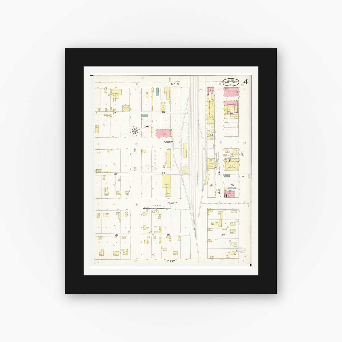 Old map wall art mockup — black gallery frame with white mat — Sanborn Fire Insurance Map from Carroll, Carroll County, Iowa (1893), Sheet #0004