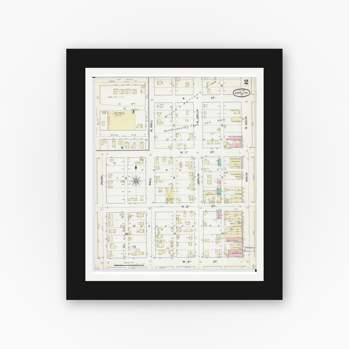 Old map wall art mockup — black gallery frame with white mat — Sanborn Fire Insurance Map from Joplin, Jasper County, Missouri (1891), Sheet #0002
