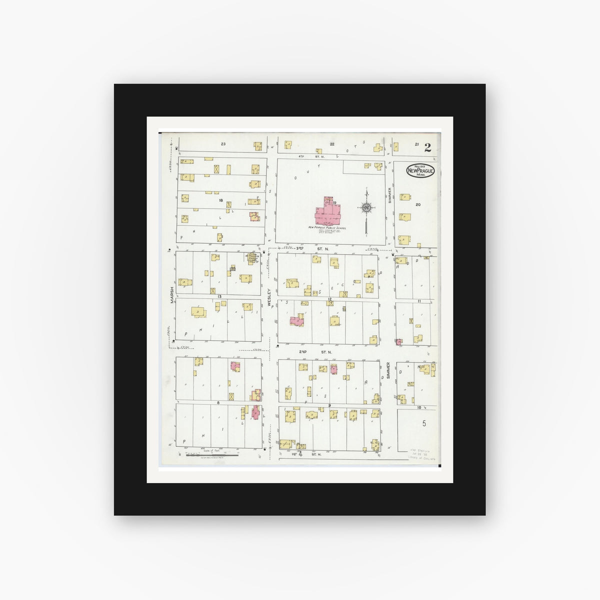Old map wall art mockup — black gallery frame with white mat — Sanborn Fire Insurance Map from New Prague, Scott And Le Sueur, Minnesota (1919), Sheet #0002