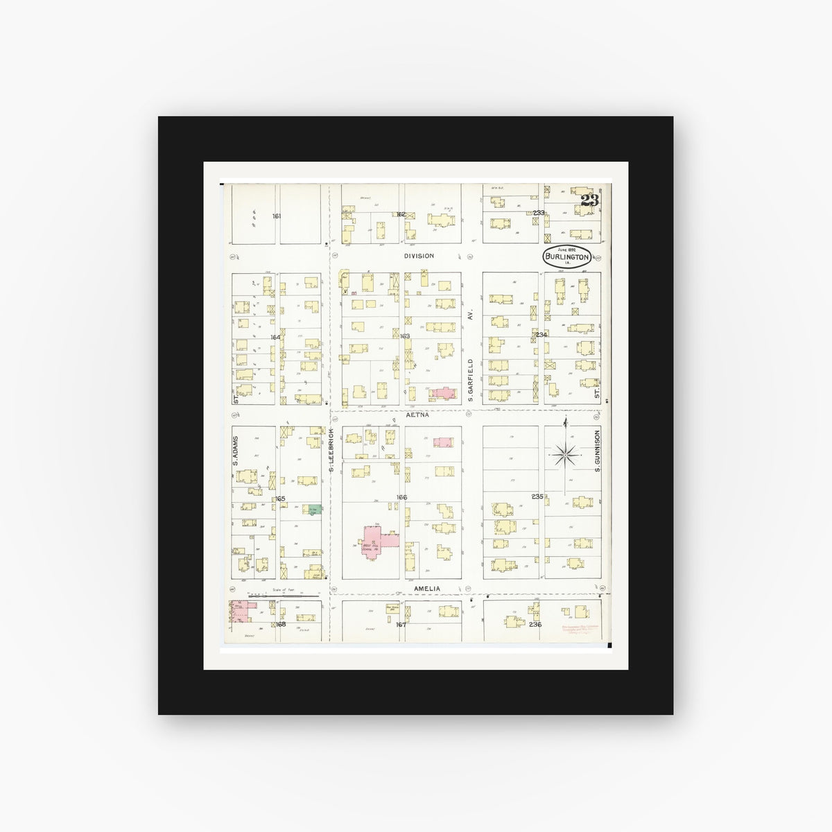 Old map wall art mockup — black gallery frame with white mat — Sanborn Fire Insurance Map from Burlington, Des Moines County, Iowa (1892), Sheet #0023