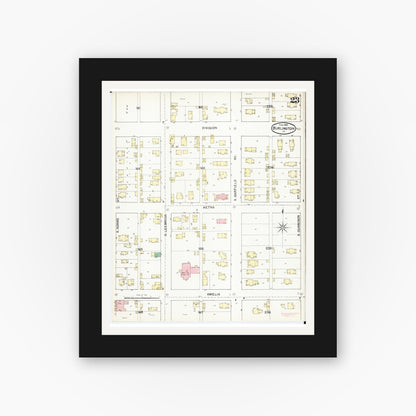 Old map wall art mockup — black gallery frame with white mat — Sanborn Fire Insurance Map from Burlington, Des Moines County, Iowa (1892), Sheet #0023